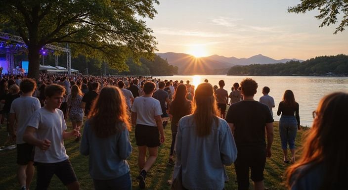 Junge Erwachsene genießen ein Konzert am Ufer des Zürichsees.