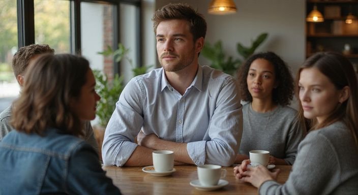 Ein junger Mann spricht engagiert bei einem Speed-Dating-Event.