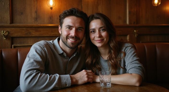 Ein Paar genießt einen entspannten Moment in einer gemütlichen Bar. Ein Paar genießt einen entspannten Moment in einer gemütlichen Bar.