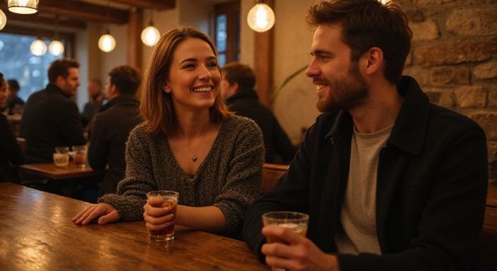 Ein Paar lacht und unterhält sich lebhaft an einer Bar. Ein Paar lacht und unterhält sich lebhaft an einer Bar.