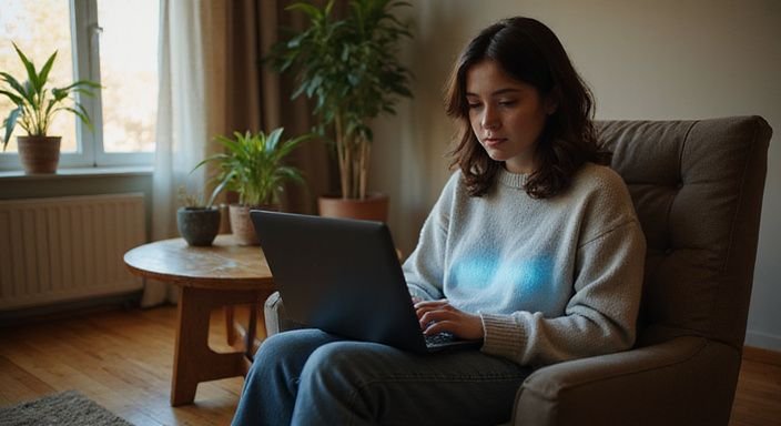 Eine Person sitzt entspannt mit einem Laptop in einem gemütlichen Wohnzimmer. Eine Person sitzt entspannt mit einem Laptop in einem gemütlichen Wohnzimmer und suche nach Flirtkontakt Schweiz.