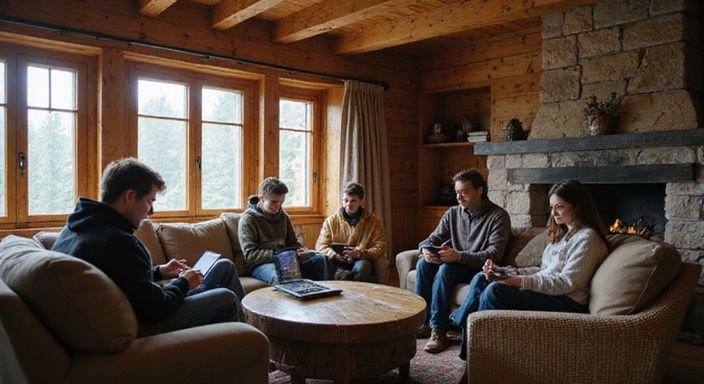 Eine Gruppe von fünf Menschen entspannt in einem Chalet und nutzt digitale Geräte. Eine Gruppe von fünf Menschen entspannt in einem Chalet und nutzt digitale Geräte.