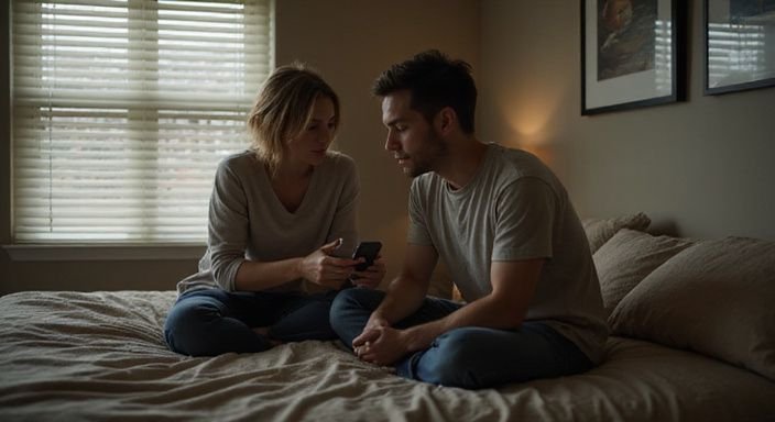 Ein Paar sitzt auf dem Bett und betrachtet gemeinsam ein Smartphone.