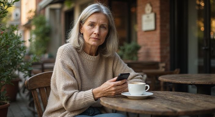 Eine ältere Frau sitzt nachdenklich an einem Café-Tisch.