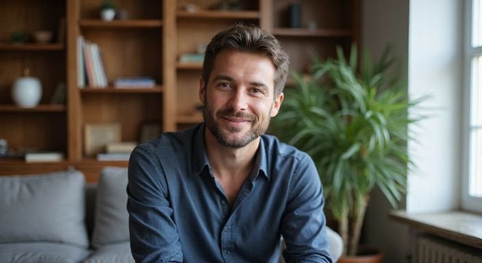 Ein lächelnder Mann sitzt entspannt in einem gemütlichen Wohnzimmer und wollen mit älteren Frauen flirten.