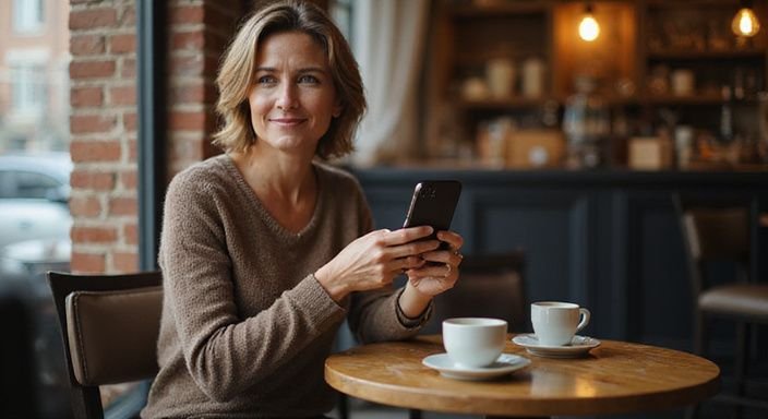 Eine Frau in ihren 50ern interagiert an einem Café-Tisch mit einer Dating-App für mit älteren Frauen flirten.