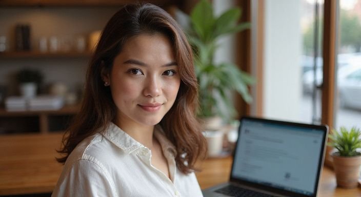 Eine junge Frau mit entspanntem Ausdruck in einem Café.