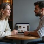 Eine Frau und ein Mann führen ein einfühlsames Gespräch im Café