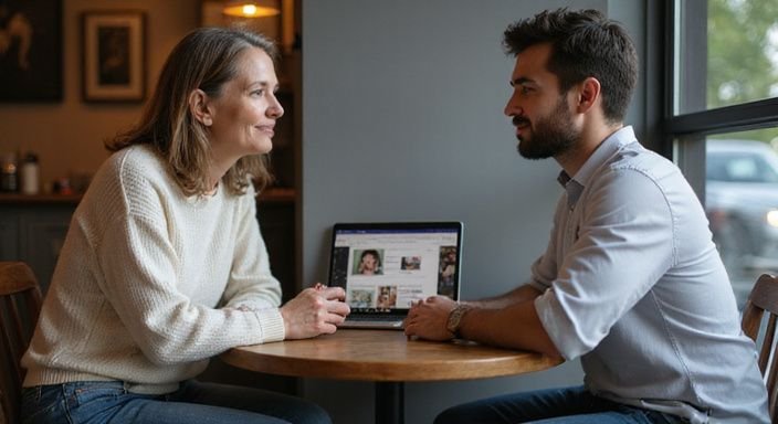 Eine Frau und ein Mann führen ein einfühlsames Gespräch im Café