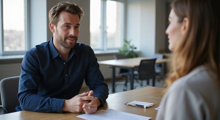 Ein Mann in einem modernen Büro führt ein Gespräch über mit älteren Frauen flirten mit einer Frau.