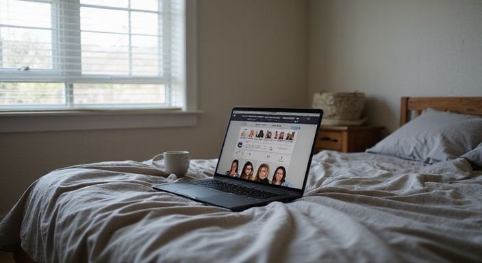 Ein gemütliches Schlafzimmer mit einem Laptop und persönlichen Gegenständen.