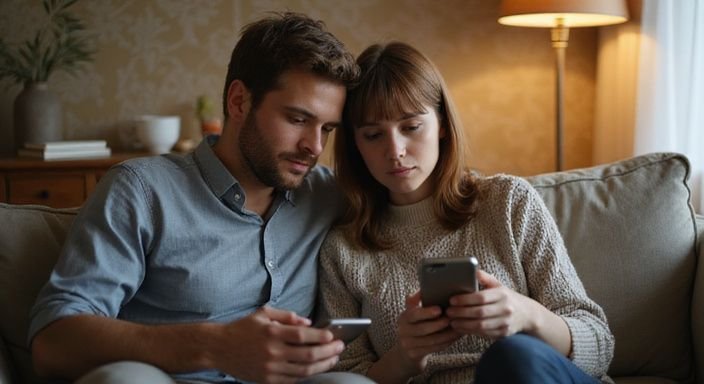 Ein Paar sitzt zusammen auf einem Sofa und betrachtet konzentriert ihre Smartphones und suche online sexkontakte finden.