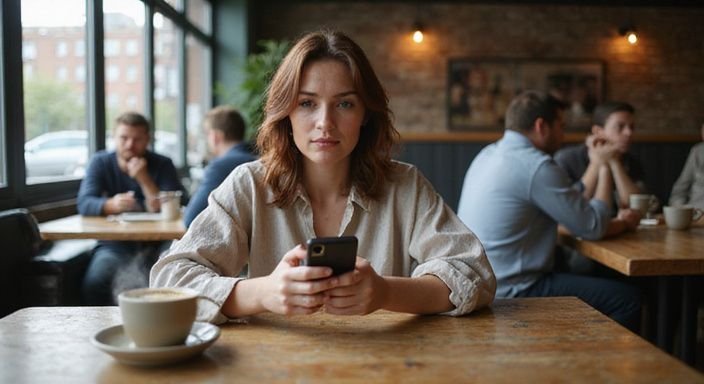 Wie finde ich sichere zuverlassige sexdates? Eine Frau in einem Café betrachtet nachdenklich ihr Smartphone.