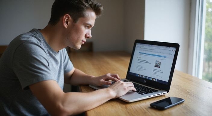 Junger Erwachsener arbeitet konzentriert an einem Laptop mit Dating-Webseiten.