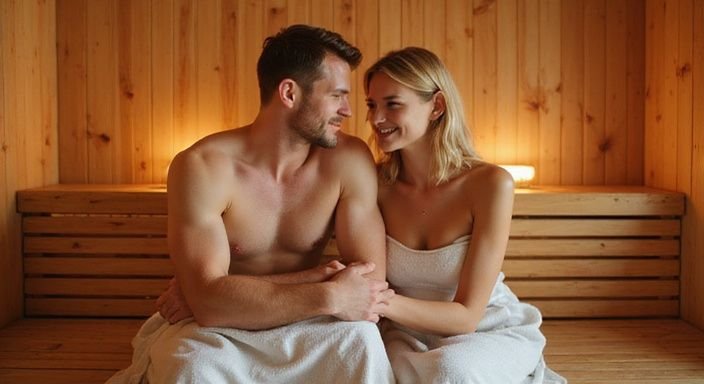 Ein Paar entspannt in einer Sauna auf Holzbänken. Ein Paar entspannt in einer Sauna auf Holzbänken.