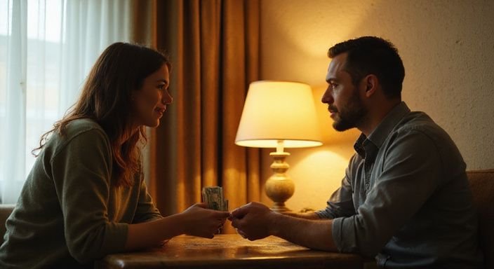 Ein Paar sitzt sich am Tisch gegenüber und tauscht Geld aus. Ein Paar sitzt sich am Tisch gegenüber und tauscht Geld aus.