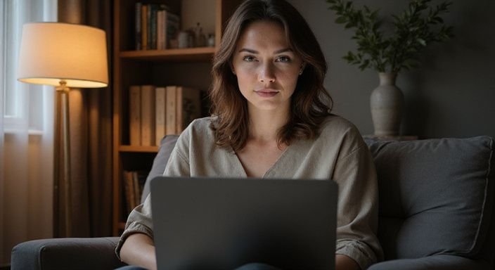 Eine Frau sitzt entspannt in einem eleganten Sessel mit Laptop. Eine Frau sitzt entspannt in einem eleganten Sessel mit Laptop und suche erotisch kontakt und sextreffen in Aargau.