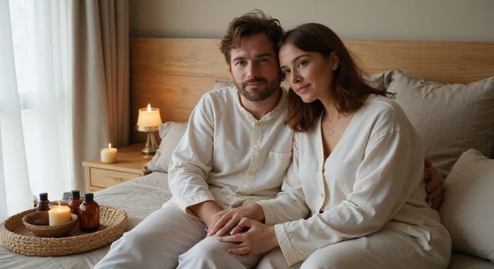 Ein entspanntes Paar sitzt vertraut auf einem Bett. Ein entspanntes Paar sitzt vertraut auf einem Bett und wollen erotisch kontakt und sextreffen in Aargau.