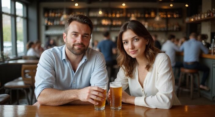 Zwei Personen genießen Drinks an einer lebhaften Hotelbar. Zwei Personen genießen Drinks an einer lebhaften Hotelbar.