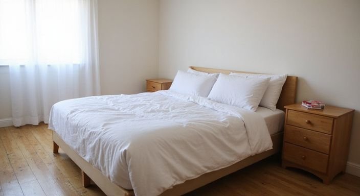 Ein gemütliches Schlafzimmer mit einem ordentlich gemachten Bett und Nachttisch. Ein gemütliches Schlafzimmer mit einem ordentlich gemachten Bett und Nachttisch.