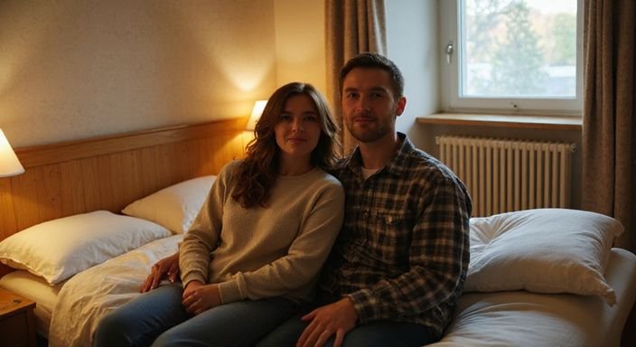 Ein Paar sitzt intim auf einem Bett in einem Hotelzimmer