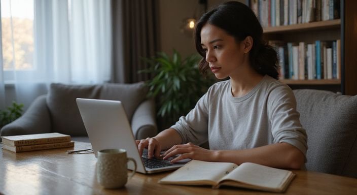 Eine Frau sitzt konzentriert am Schreibtisch und schaut auf ihren Laptop. Eine Frau sitzt konzentriert am Schreibtisch und suche Erotisch Kontakt und Sextreffen in Freiburg.