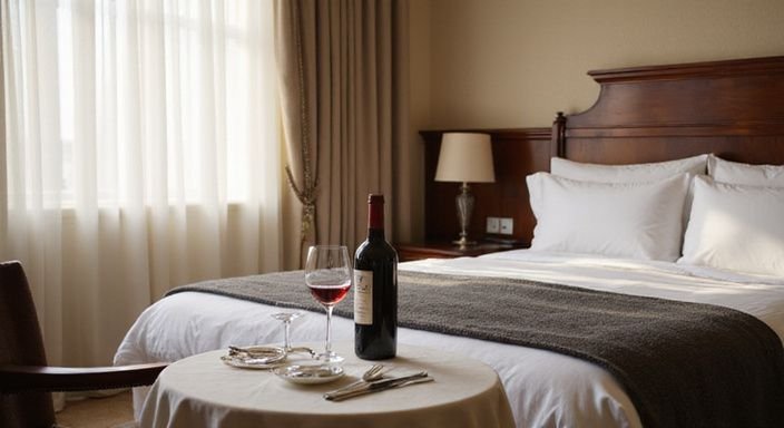 Elegantes Hotelzimmer mit romantischem Tischarrangement und handcuffs. Elegantes Hotelzimmer mit romantischem Tischarrangement und handcuffs.