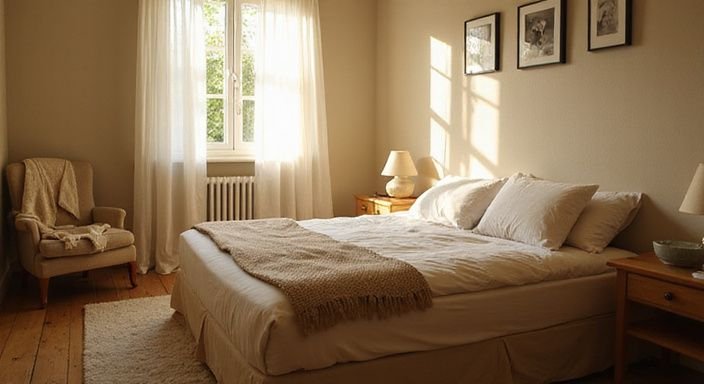 Gemütliches Schlafzimmer mit einem beruhigenden, einladenden Ambiente. Gemütliches Schlafzimmer mit einem beruhigenden, einladenden Ambiente.