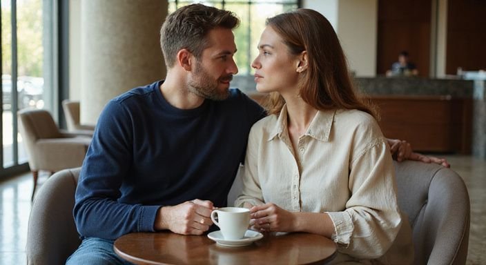 Ein Paar sitzt in einem Hotel-Lobby, in intimer Gesprächsposition. Ein Paar sitzt in einem Hotel-Lobby, in intimer Gesprächsposition.