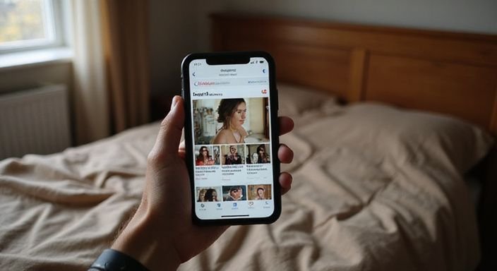 Nahaufnahme eines Smartphones mit Erotik Markt Profilen auf dem Bildschirm. Nahaufnahme eines Smartphones mit Erotik Markt Profilen auf dem Bildschirm.