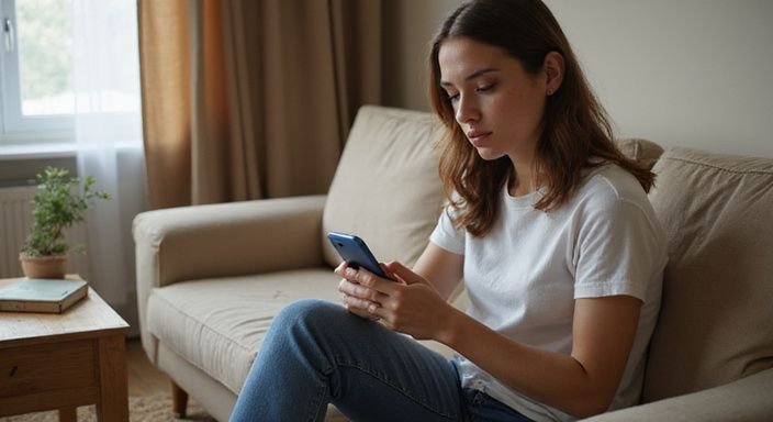 Eine Frau entspannt auf einem Sofa und nutzt ihr Smartphone. Eine Frau entspannt auf einem Sofa und suche Erotisch Kontakt und Sextreffen in Freiburg.