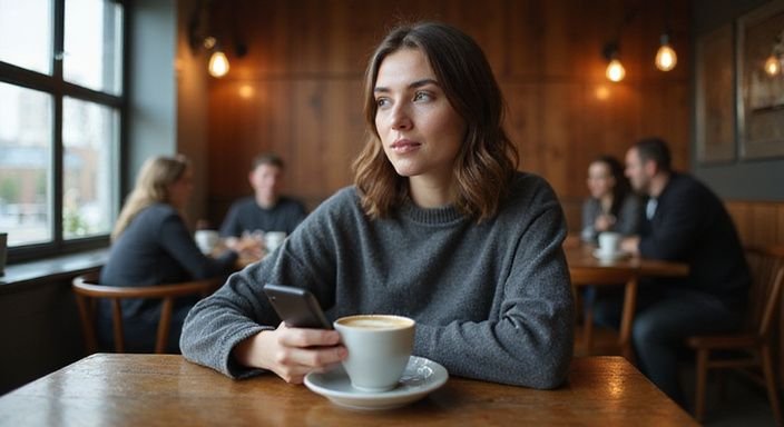 Eine Frau in einem Café scrollt konzentriert durch eine Dating-App. Eine Frau in einem Café scrollt konzentriert durch eine Dating-App für Erotisch Kontakt und Sextreffen in Freiburg.