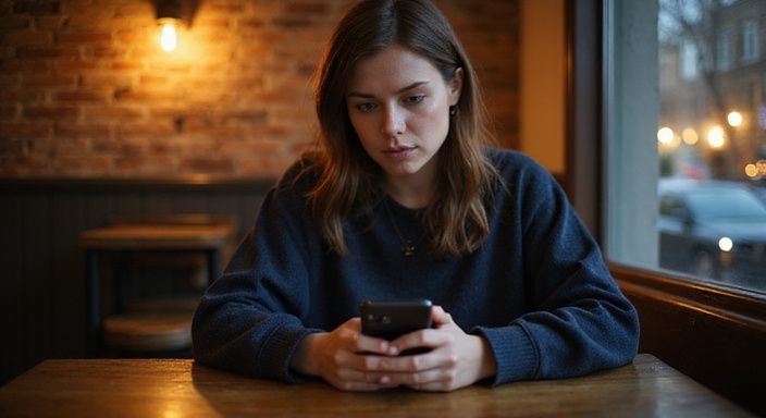 Eine junge Frau sitzt allein in einem Café und schaut auf ihr Smartphone. Eine junge Frau sitzt allein in einem Café und schaut auf ihr Smartphone.