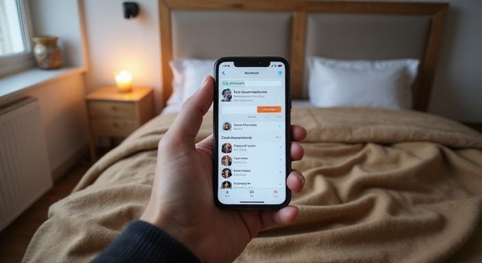 Nahaufnahme eines Smartphones mit Xdate-App in einem Schlafzimmer. Nahaufnahme eines Smartphones mit Xdate-App für Erotisch Kontakt und Sextreffen in Freiburg in einem Schlafzimmer.