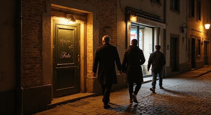 Eine belebte cobblestone Straße in St. Gallen bei Nacht. Eine belebte cobblestone Straße in St. Gallen bei Nacht.