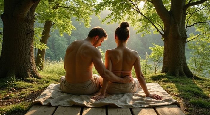 Ein Paar genießt eine intime Tantramassage im Freien. Ein Paar genießt eine intime Tantramassage im Freien.