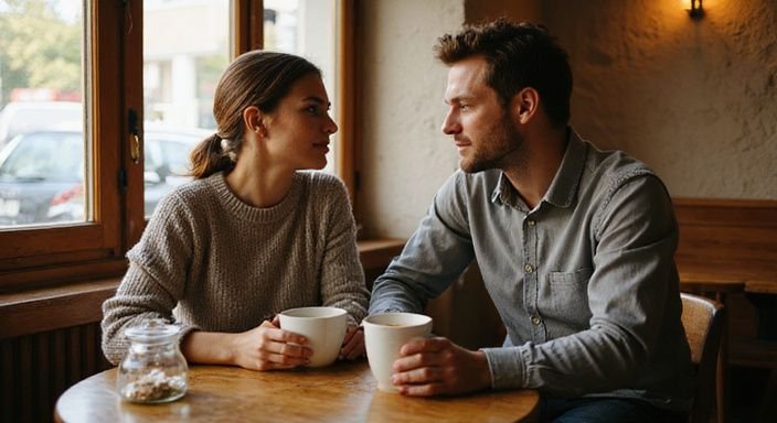 Ein Paar genießt einen intimen Moment in einem gemütlichen Café. Ein Paar genießt einen intimen Moment in einem gemütlichen Café.