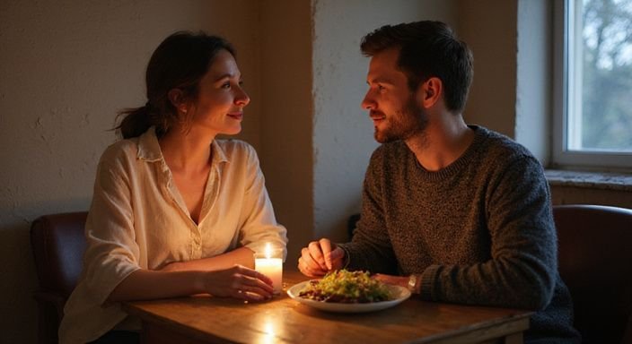Ein Paar genießt ein romantisches Abendessen in einem gemütlichen Apartment. Ein Paar genießt ein romantisches Abendessen in einem gemütlichen Apartment.