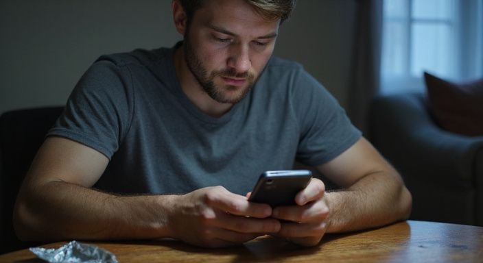 Ein Mann nutzt konzentriert eine Dating-App in einem gemütlichen Raum. Ein Mann nutzt konzentriert eine Dating-App für erotisch kontakt und sextreffen in Sankt Gallen in einem gemütlichen Raum.