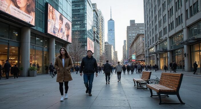 Belebte Stadtstraße mit modernen Gebäuden und digitalen Werbeflächen. Belebte Stadtstraße mit modernen Gebäuden und digitalen Werbeflächen.