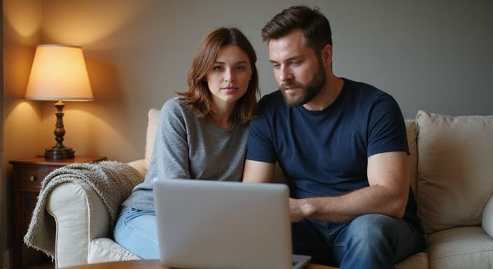 Ein Paar diskutiert konzentriert über eine Webseite auf dem Laptop. Ein Paar diskutiert konzentriert über eine Webseite für Erotisch Kontakt und Sextreffen in Solothurn auf dem Laptop.