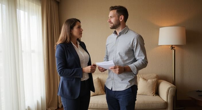 Ein Paar diskutiert ernsthaft in einer eleganten Hotelsuite. Ein Paar diskutiert ernsthaft in einer eleganten Hotelsuite.