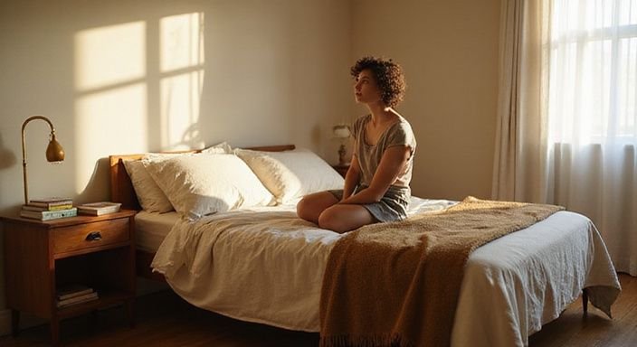 Ein gemütliches Schlafzimmer mit einem entspannten Menschen auf dem Bett. Ein gemütliches Schlafzimmer mit einem entspannten Menschen auf dem Bett.