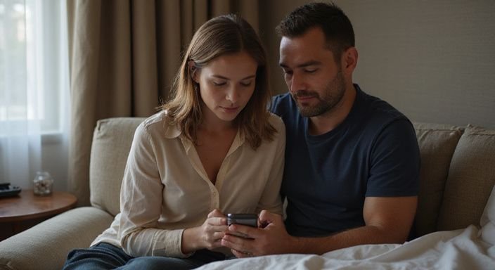 Ein Paar sitzt entspannt auf einem Sessel und betrachtet ein Smartphone. Ein Paar sitzt entspannt auf einem Sessel und betrachtet ein Smartphone.