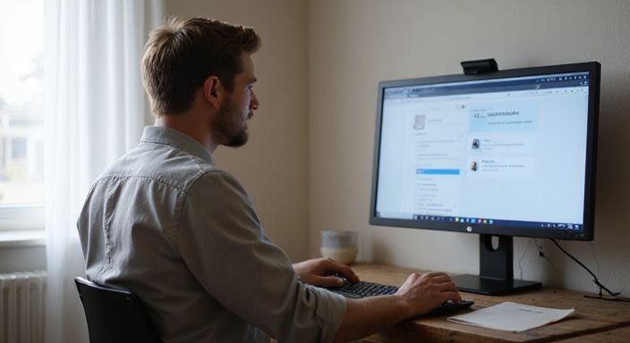 Eine Person konzentriert sich am Schreibtisch vor einem Computer. Eine Person konzentriert sich am Schreibtisch vor einem Computer.