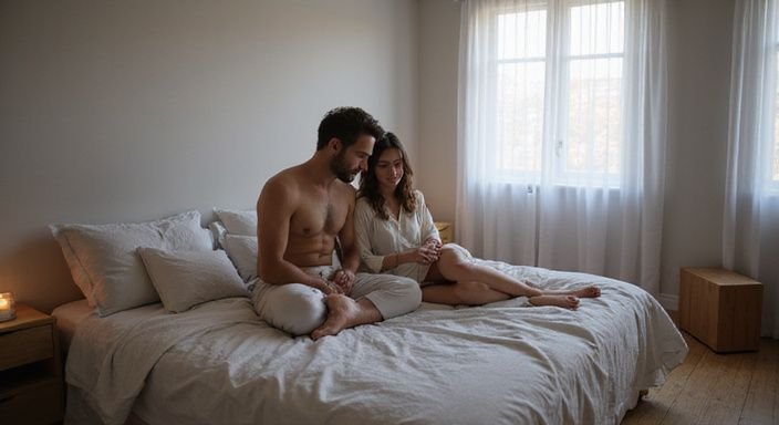 Ein Paar genießt eine intime, entspannte Momentaufnahme im Schlafzimmer