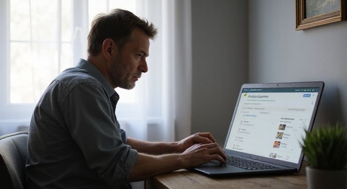 Eine Person arbeitet konzentriert an einem Laptop in einem Heimbüro. Eine Person arbeitet konzentriert an einem Laptop und suche Erotisch Kontakt und Sextreffen in Solothurn.