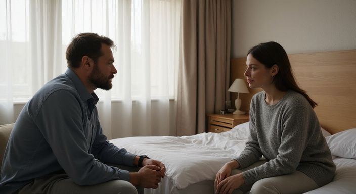 Zwei Personen führen ein stilles Gespräch über erotisch kontakt und sextreffen in Tessin in einem Hotelzimmer.