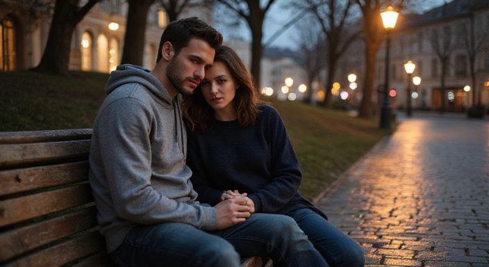 Ein Paar sitzt auf einer alten Holzbank in Tessin.