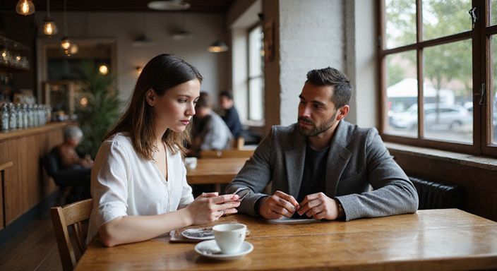 Eine besorgte Frau liest Nachrichten in einem belebten Café.